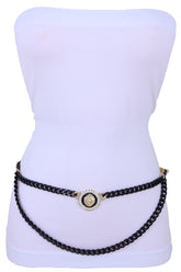 Black Metal Wave Chain Belt With Rhinestone Lion Medallion